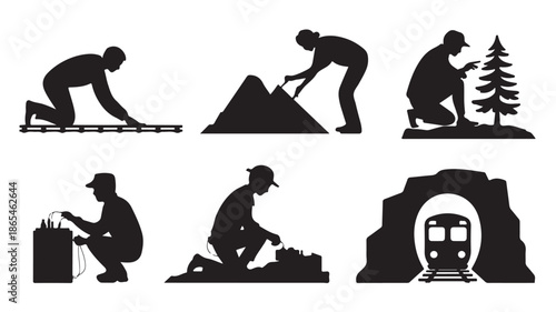 Construction and Railway Workers Silhouettes in Graphic Black and White Vector Illustration for Industrial Infographics.