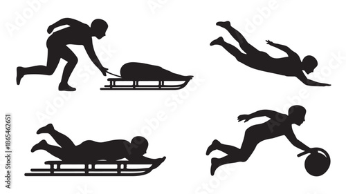 Dynamic sports silhouettes with active poses in a minimalist black and white vector illustration for athletic design and infographics.