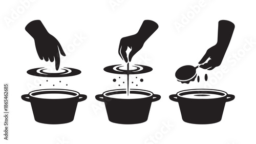 Food preparation steps with minimalist silhouette style in black and white vector graphic for recipe instructions.