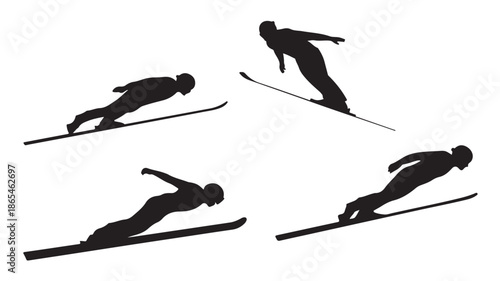 Ski Jumpers Dynamic Silhouettes in High Contrast Vector Illustration for Winter Sports Design.