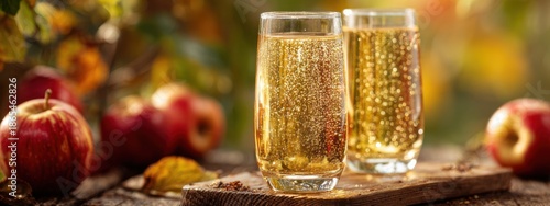 Two glasses of sparkling drink next to apples during autumn in a garden with leaves turning colors