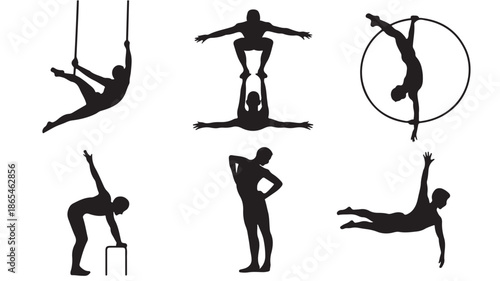 Dynamic Acrobatic and Gymnastic Performers in Graceful Black Silhouette Vector Illustration for Sports and Entertainment Design