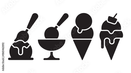 Ice Cream Scoops and Cones Simple Graphic Style Black Silhouette Vector Icon Set for Dessert Menus and Sweet Shop Branding.