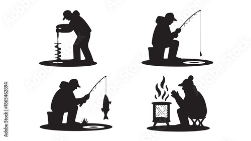 Ice Fishing Men Silhouettes Graphic Monochrome Vector Illustration for Winter Sports Design.