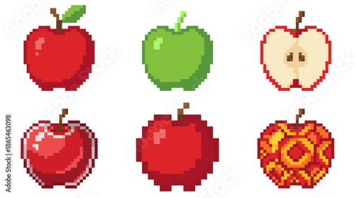 A collection of six pixel art illustrations of apples, featuring whole red and green apples, a sliced apple, a shiny red apple, and a unique patterned apple.
