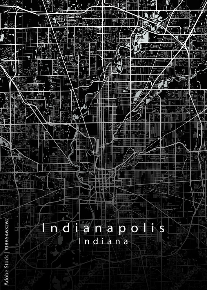 Obraz premium Minimalist black map of Indianapolis, Indiana – A modern map print highlighting infrastructure of the city, useful for tourism purposes