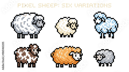 A collection of six adorable pixel art sheep, each with unique wool colors and patterns, presented on a white background.