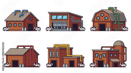 Collection of six pixel art illustrations of dairy farms and processing plants, each with cows and milk cans.