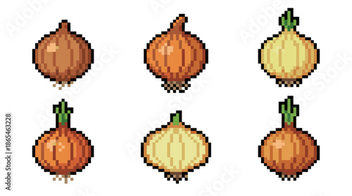 Six pixel art onions in various shades of brown, orange, and yellow, depicted with roots and stems, in a digital art style.