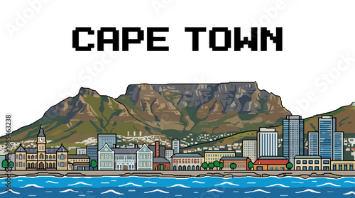 Pixelated illustration of Cape Town cityscape with Table Mountain in the background and waterfront buildings under a clear sky.
