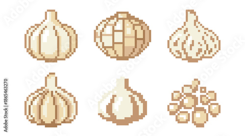 Pixel art collection featuring various styles of garlic bulbs and individual cloves on a white background, showcasing different designs.