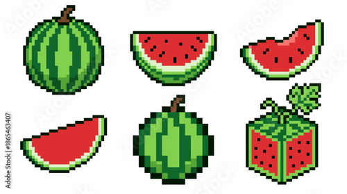 A collection of pixel art illustrations featuring watermelons in various shapes and forms, including whole fruits, slices, and a unique cube-shaped watermelon.