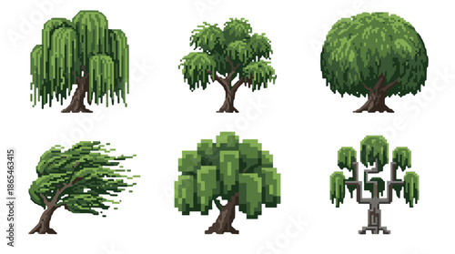 A collection of six pixel art illustrations of various trees, including weeping willows and stylized deciduous trees.