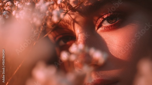 Ethereal gaze of a woman framed by delicate blossoms in gentle lighting