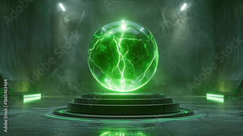 Glowing Green Energy Sphere Pulsating on Futuristic Platform in Dark Industrial Room