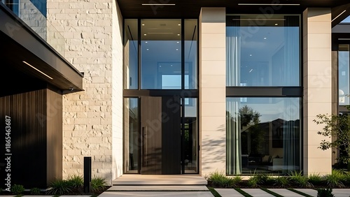Sunlight falling on stylish exterior of modern luxurious house with closed door and large window