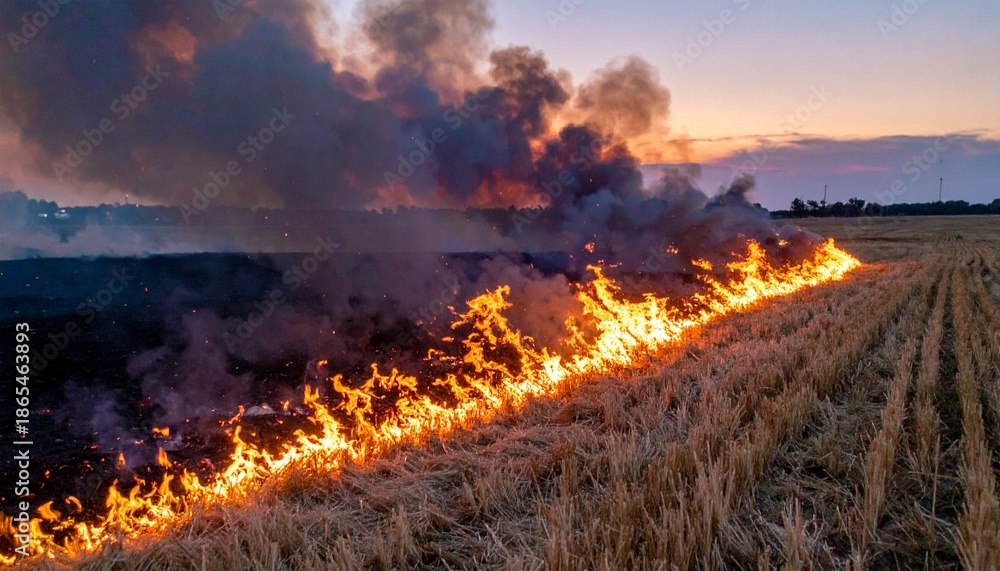 Fototapeta premium Intense flames and thick smoke rise from a burning agricultural field at dusk against a sunset sky.