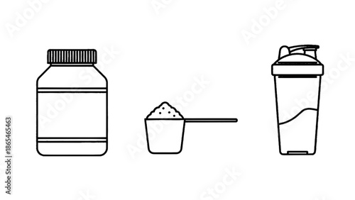 Vector illustration of fitness supplements container, scoop with powder, and shaker, on transparent background