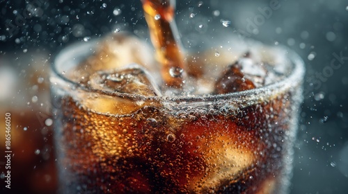 Refreshing cola beverage with ice cubes, perfect for quenching thirst on a hot day