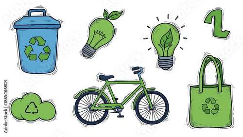 Eco-friendly lifestyle elements with recycling bin, lightbulbs, bicycle, and reusable bag.