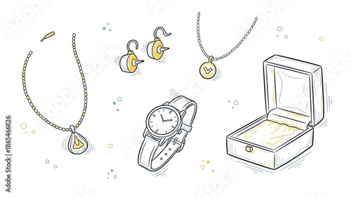 Elegant Jewelry Collection with Necklaces, Earrings, Watch, and Gift Box.