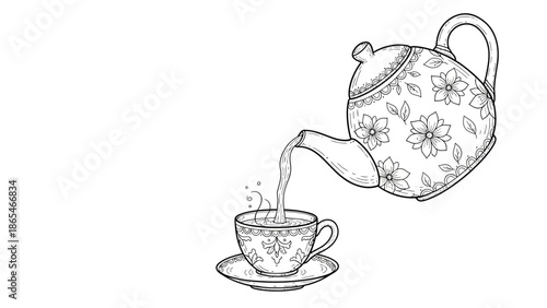 Elegant Teapot Pouring Hot Tea into a Delicate Teacup.