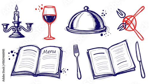 Elegant Restaurant Dining Elements Hand Drawn Sketch Collection.