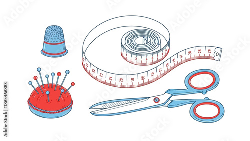 Essential Sewing Tools Hand-Drawn Illustration.