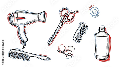 Hairdressing tools set with hairdryer scissors combs and shampoo bottle.