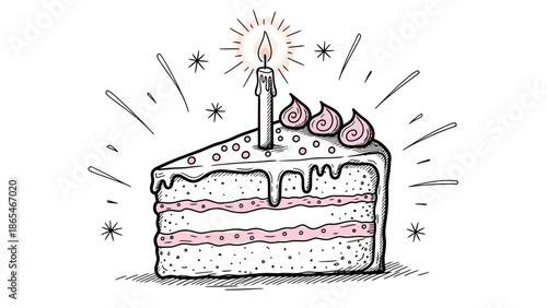 Hand drawn birthday cake slice with lit candle and sprinkles.