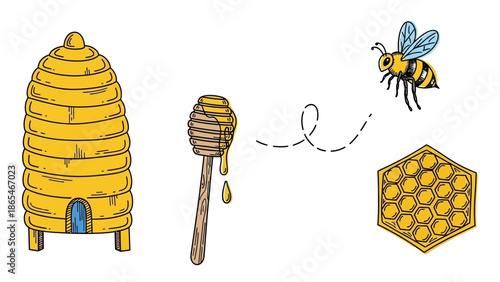 Hand Drawn Beehive Honeycomb Bee and Dipper Set.
