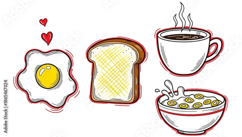 Hand drawn breakfast items including fried egg toast coffee and cereal.