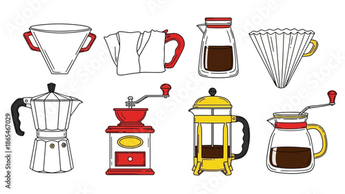 Hand drawn coffee brewing equipment set for delicious morning beverage.