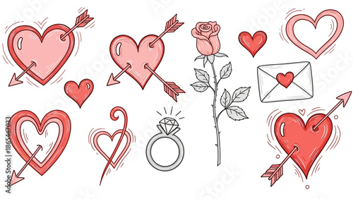 Hand drawn collection of hearts, arrows, rose, and engagement ring for Valentines Day.