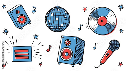 Hand drawn doodle style music and party elements set.