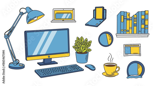 Hand drawn illustration of a complete home office workspace setup.