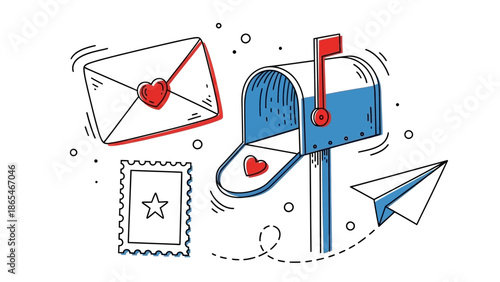 Hand drawn illustration of a mailbox with a letter and paper airplane.
