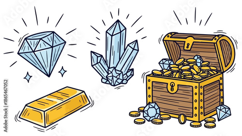 Hand drawn illustration of sparkling diamonds, gold bar, and treasure chest.