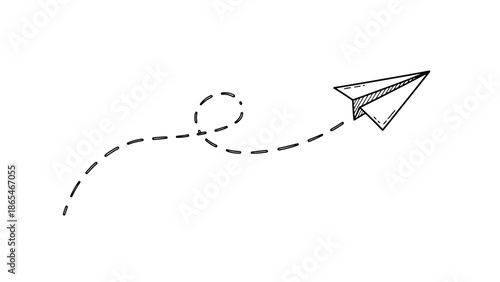 Hand drawn paper airplane flying with a dotted line path.