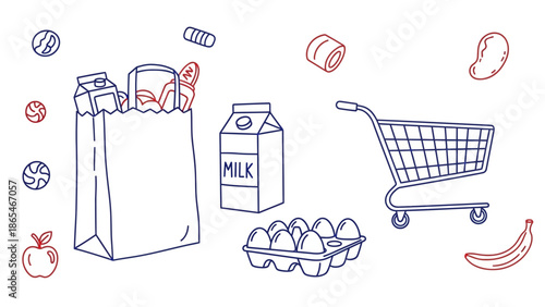 Hand drawn illustration of groceries and shopping cart for supermarket.