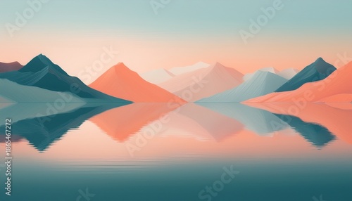 serene pastel landscape mirroring mountains reflected in a calm water soft sunrise hues of peach and teal minimalist symmetrical composition