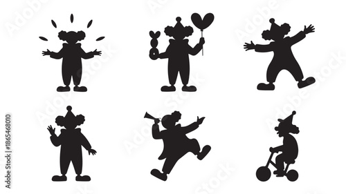 Clown silhouettes in various playful poses with black and white graphic style as vector illustrations for party and event design elements.