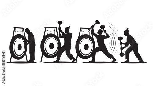 Traditional Asian gong players in dynamic rhythmic black and white silhouette vector illustration for cultural music performance and celebration.