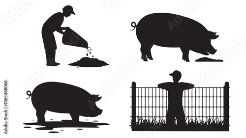 Agricultural farm silhouettes with graphic illustrative style in stark black and white contrast for farming and rural life icons.