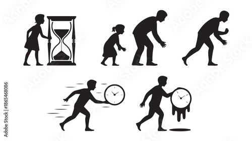Human silhouettes with time symbols in conceptual dynamic black and white vector illustration for time management and life stages.