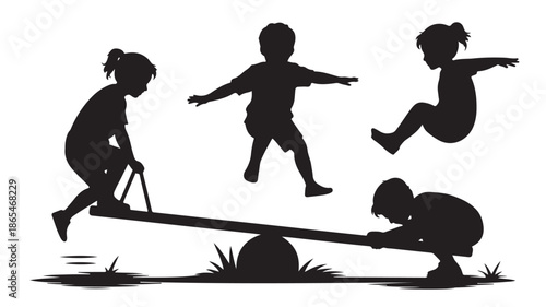 Children Playing Seesaw Jumping Silhouette Illustration Isolated White