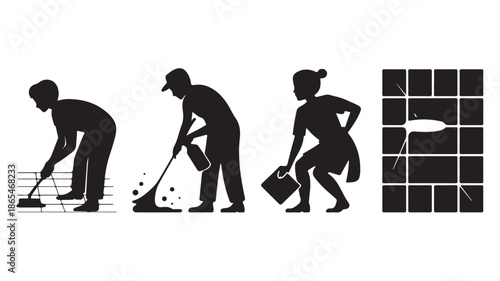 Floor Cleaning Silhouettes Sweeping Mopping Scrubbing Maintenance Vector Illustration Isolated on White