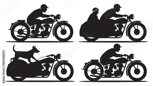 Vintage Motorcycle Riders with Sidecars Silhouettes Isolated on White