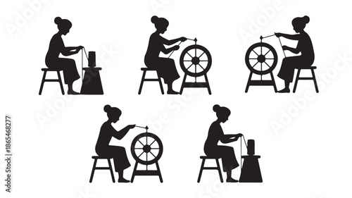 Traditional Woman Spinning Yarn with Wheel and Drop Spindle Silhouette Vector