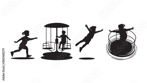 Children Playing Merry-go-round, Running, Jumping and Silhouette Vector Set
